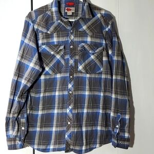 Field N Forest- Mens Pearl snap Blue/Gray Flannel Western Plaid Classic Sz.Large